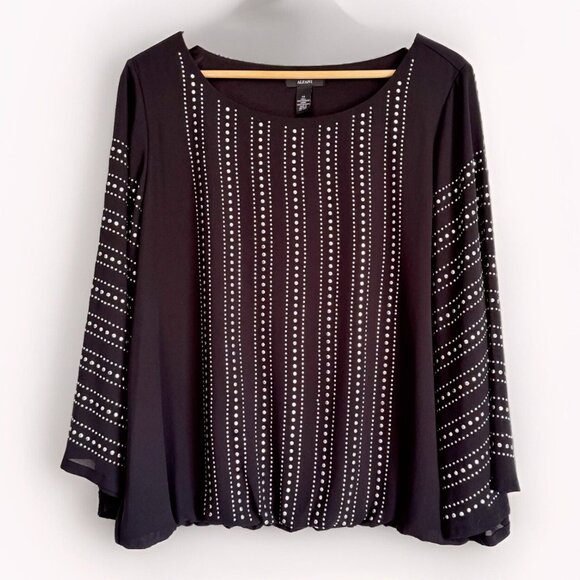 Alfani Womens Rhinestone Studded Evening Top Sz 14 Black Flare Sleeve Whimsigoth - Picture 1 of 7